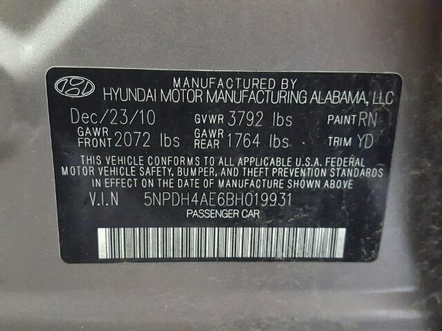 5NPDH4AE6BH019931 - 2011 HYUNDAI ELANTRA GL GRAY photo 10