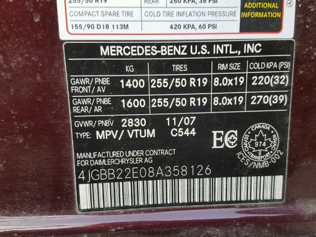 4JGBB22E08A358126 - 2008 MERCEDES-BENZ ML 320 CDI MAROON photo 10