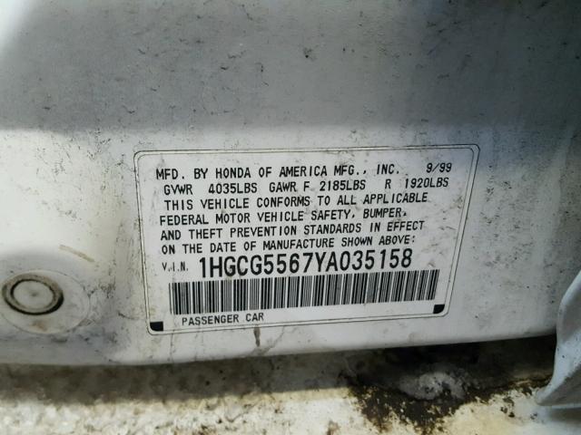 1HGCG5567YA035158 - 2000 HONDA ACCORD EX WHITE photo 10