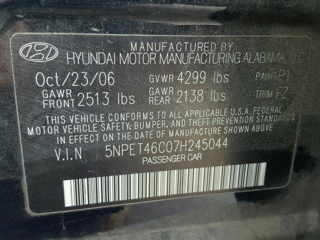 5NPET46C07H245044 - 2007 HYUNDAI SONATA GLS BLACK photo 10