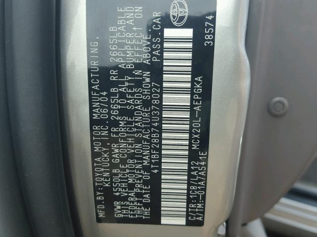 4T1BF28B74U378027 - 2004 TOYOTA AVALON XL SILVER photo 10