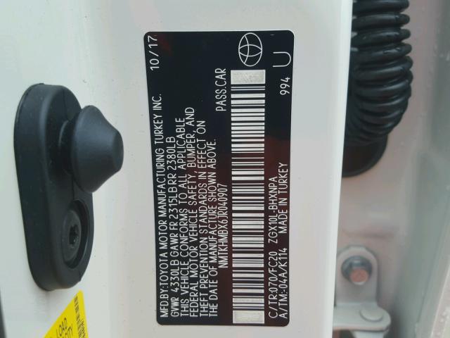 NMTKHMBX6JR040907 - 2018 TOYOTA C-HR XLE WHITE photo 10