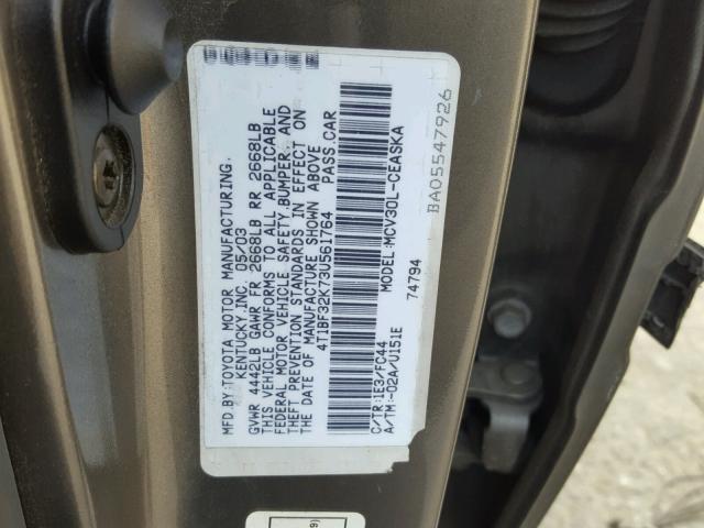 4T1BF32K73U561764 - 2003 TOYOTA CAMRY LE BROWN photo 10