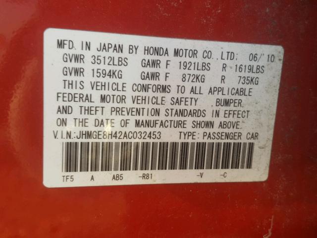 JHMGE8H42AC032453 - 2010 HONDA FIT SPORT RED photo 10