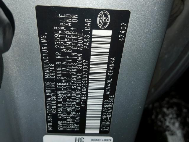 4T1BE46K39U323017 - 2009 TOYOTA CAMRY BASE SILVER photo 10