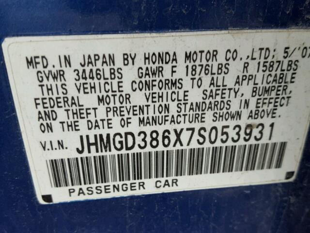 JHMGD386X7S053931 - 2007 HONDA FIT S BLUE photo 10