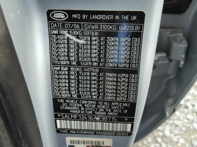 SALMF13416A238715 - 2006 LAND ROVER RANGE ROVE SILVER photo 10