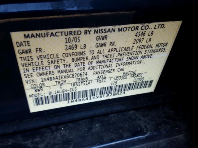 1N4BA41EX6C820624 - 2006 NISSAN MAXIMA SE BLUE photo 10