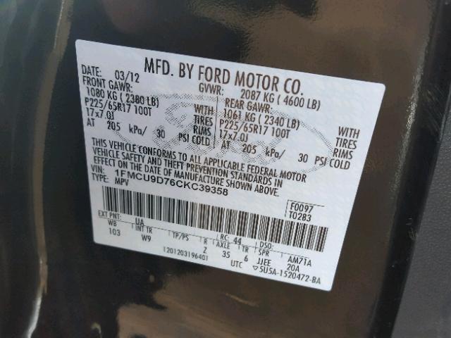 1FMCU9D76CKC39358 - 2012 FORD ESCAPE XLT BLACK photo 10