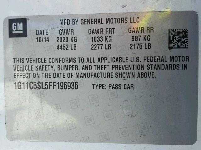 1G11C5SL5FF196936 - 2015 CHEVROLET MALIBU 1LT 白色 照片 10