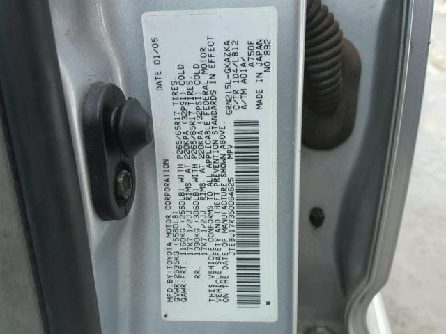 JTEBU17R350064625 - 2005 TOYOTA 4RUNNER LI SILVER photo 10