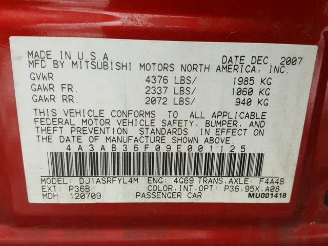 4A3AB36F09E001125 - 2009 MITSUBISHI GALANT ES RED photo 10