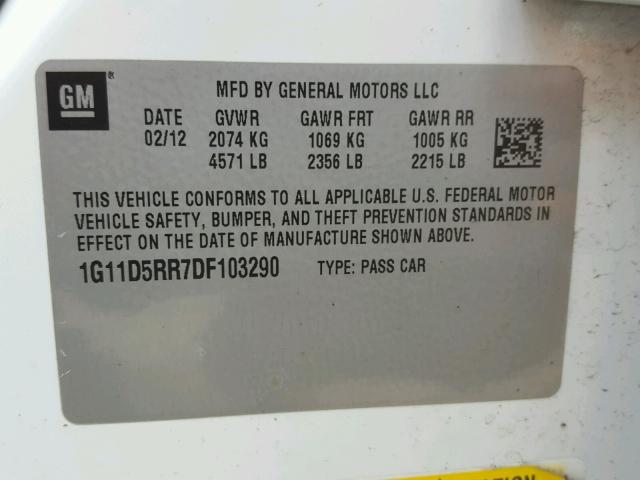 1G11D5RR7DF103290 - 2013 CHEVROLET MALIBU 1LT 白色 照片 10