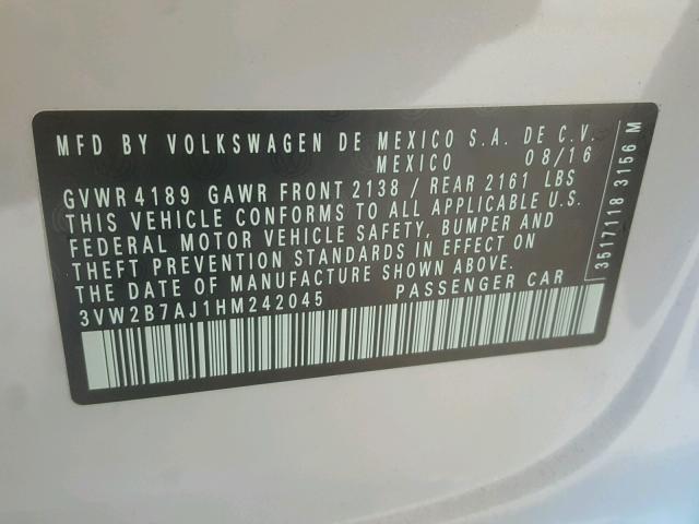 3VW2B7AJ1HM242045 - 2017 VOLKSWAGEN JETTA S 银色 照片 10