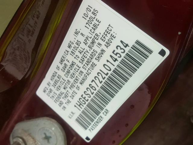 1HGES26722L014534 - 2002 HONDA CIVIC EX მუქწითელი ფოტო 10