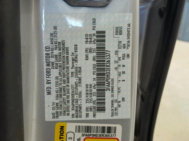 3FA6P0HD3ER365377 - 2014 FORD FUSION SE SILVER photo 10