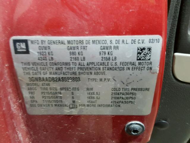 3GNBAADB2AS592803 - 2010 CHEVROLET HHR LS RED photo 10