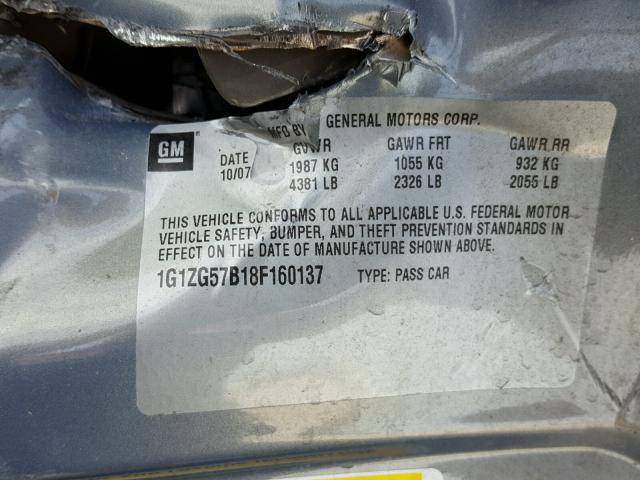 1G1ZG57B18F160137 - 2008 CHEVROLET MALIBU LS GRAY photo 10
