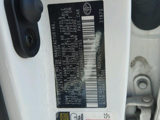 4T1BE32K65U007265 - 2005 TOYOTA CAMRY LE WHITE photo 10