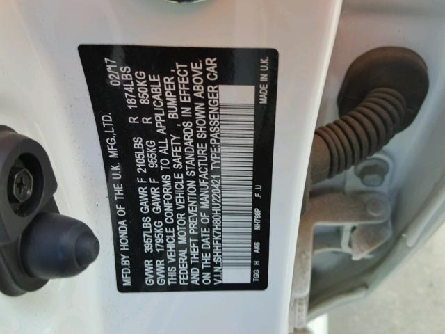 SHHFK7H80HU220421 - 2017 HONDA CIVIC EXL 白色 照片 10
