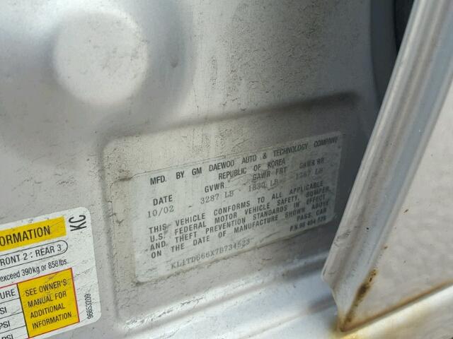 KL1TD666X7B734523 - 2007 CHEVROLET AVEO BASE Srebrny zdjęcie 10