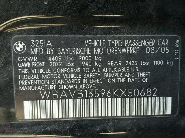 WBAVB13596KX50682 - 2006 BMW 325 I BLACK photo 10