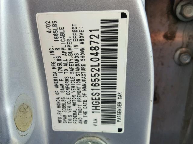 1HGES16552L048721 - 2002 HONDA CIVIC LX SILVER photo 10