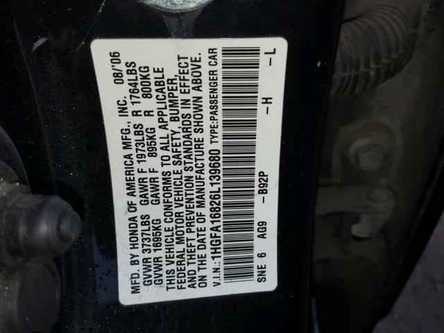 1HGFA16826L139680 - 2006 HONDA CIVIC EX BLACK photo 10