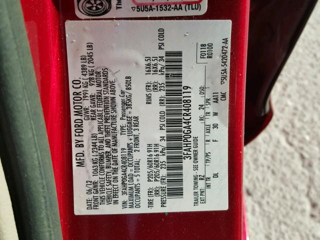 3FAHP0GA4CR408119 - 2012 FORD FUSION S RED photo 10