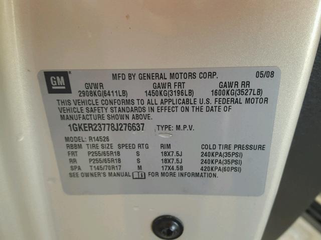 1GKER23778J276637 - 2008 GMC ACADIA SLT ოქროსფერი ფოტო 10