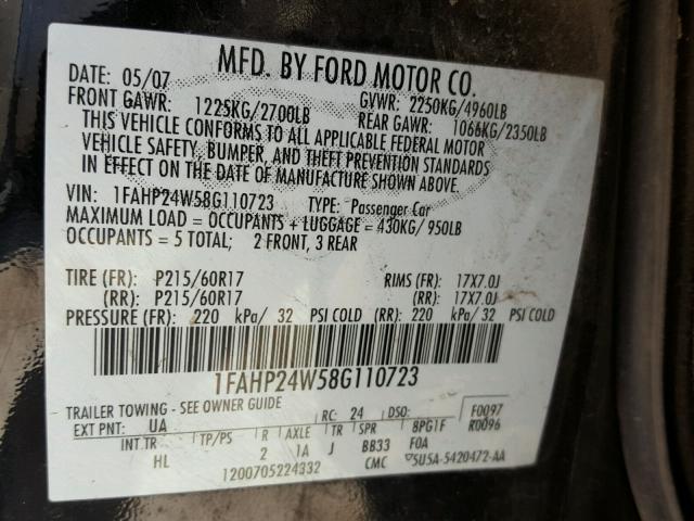 1FAHP24W58G110723 - 2008 FORD TAURUS SEL BLACK photo 10