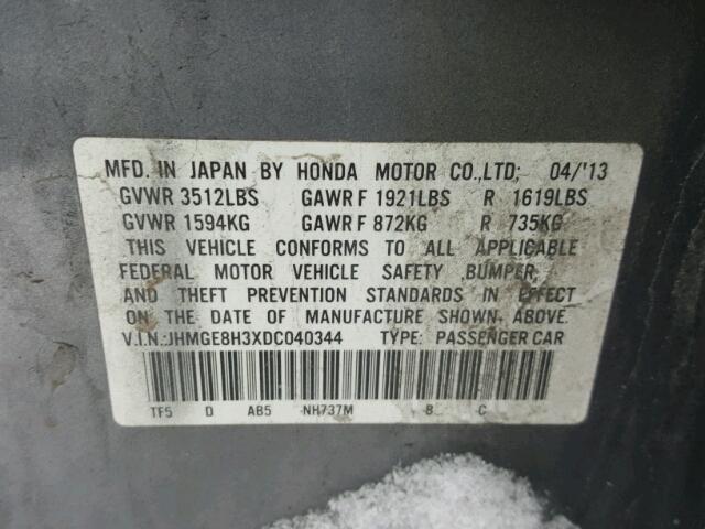 JHMGE8H3XDC040344 - 2013 HONDA FIT GRAY photo 10