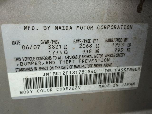 JM1BK12F181781840 - 2008 MAZDA 3 I SILVER photo 10