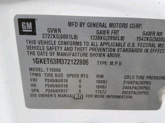 1GKET63M372122806 - 2007 GMC ENVOY DENA WHITE photo 10