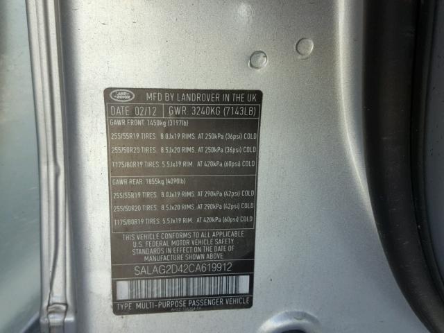 SALAG2D42CA619912 - 2012 LAND ROVER LR4 HSE SILVER photo 10