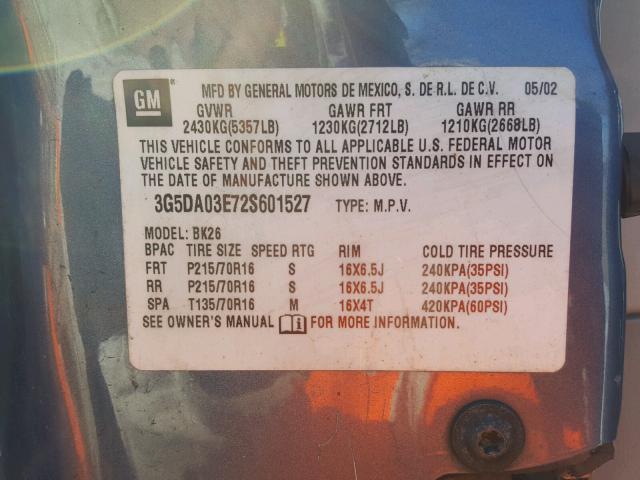 3G5DA03E72S601527 - 2002 BUICK RENDEZVOUS BLUE photo 10