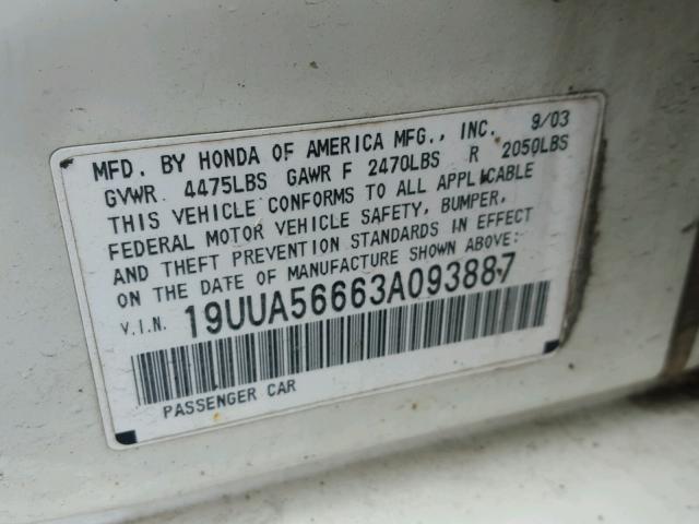 19UUA56663A093887 - 2003 ACURA 3.2TL WHITE photo 10