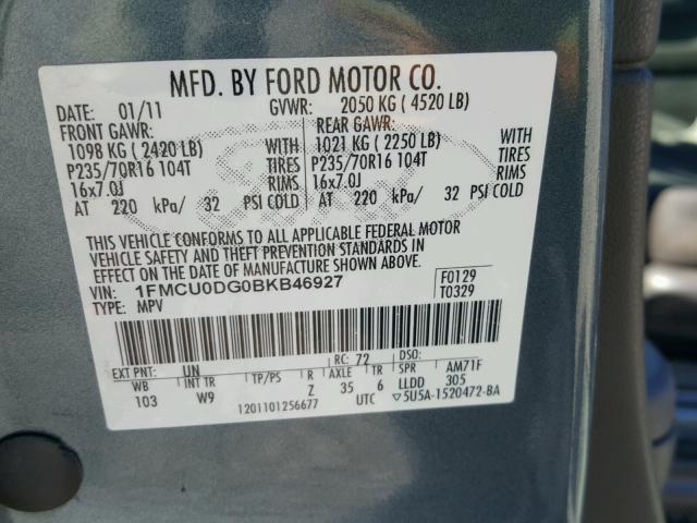 1FMCU0DG0BKB46927 - 2011 FORD ESCAPE XLT BLUE photo 10