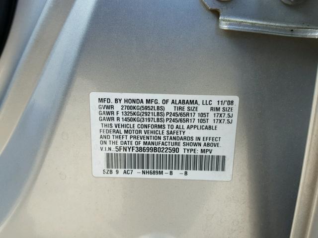 5FNYF38699B022590 - 2009 HONDA PILOT EXL SILVER photo 10