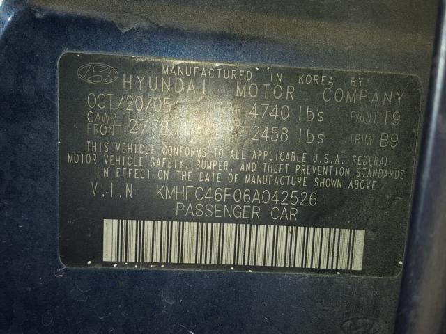 KMHFC46F06A042526 - 2006 HYUNDAI AZERA SE BLUE photo 10