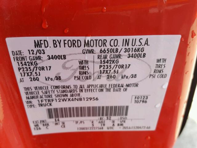 1FTRF12WX4NB12956 - 2004 FORD F150 RED photo 10