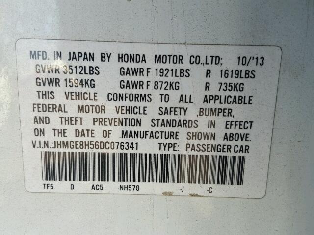 JHMGE8H56DC076341 - 2013 HONDA FIT SPORT WHITE photo 10