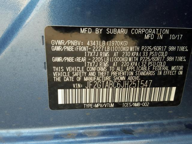 JF2GTABC6JH251547 - 2018 SUBARU CROSSTREK BLUE photo 10