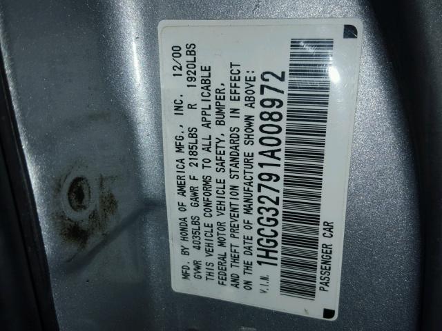 1HGCG32791A008972 - 2001 HONDA ACCORD EX SILVER photo 10