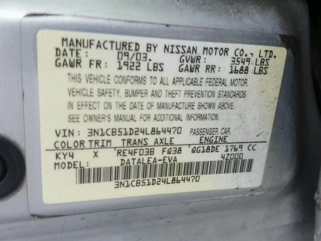 3N1CB51D24L864470 - 2004 NISSAN SENTRA 1.8 SILVER photo 10