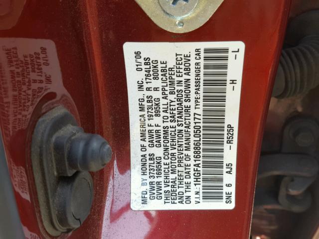 1HGFA16886L050177 - 2006 HONDA CIVIC EX Tünd qırmızı foto 10