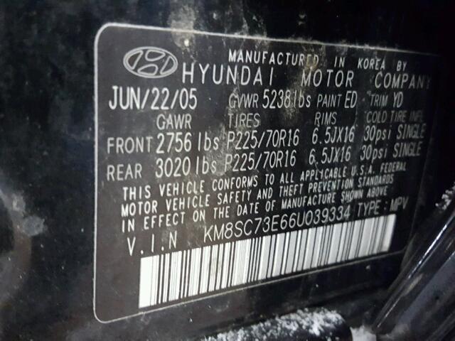 KM8SC73E66U039334 - 2006 HYUNDAI SANTA FE G BLACK photo 10