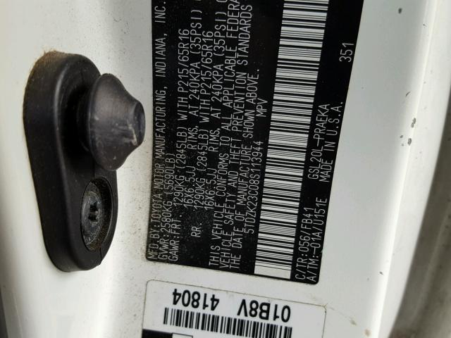 5TDZK23C08S113944 - 2008 TOYOTA SIENNA CE WHITE photo 10