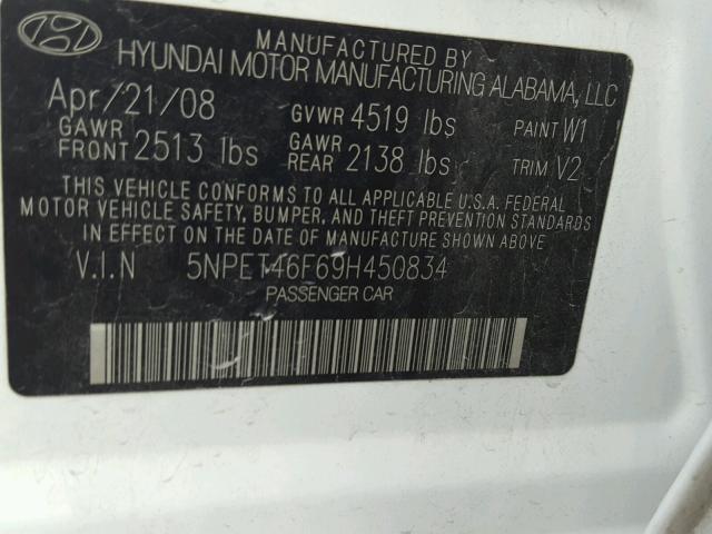 5NPET46F69H450834 - 2009 HYUNDAI SONATA GLS WHITE photo 10