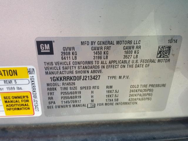 1GKKRRKD0FJ213427 - 2015 GMC ACADIA SLT ვერცხლისფერი ფოტო 10